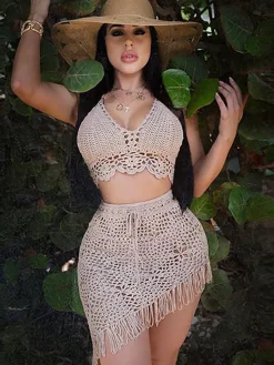 Two Piece Asymmetrical Knit Tassels Swimsuit