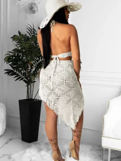 Two Piece Asymmetrical Knit Tassels Swimsuit