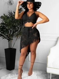 Two Piece Asymmetrical Knit Tassels Swimsuit