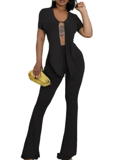 Two Piece Belted Crop Tops Wide Leg Pants Sets