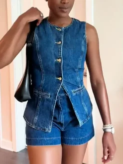 Two Piece Blazer Vest Denim Short Sets