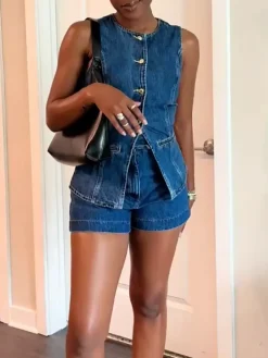 Two Piece Blazer Vest Denim Short Sets