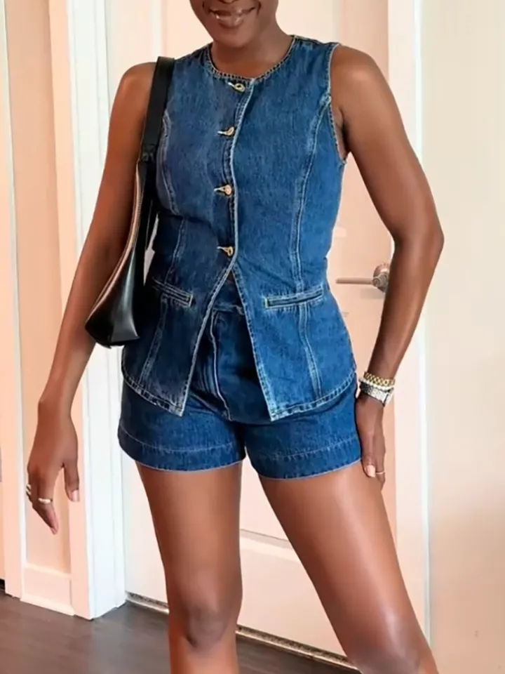 Two Piece Blazer Vest Denim Short Sets