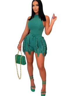 Two Piece Bodysuit Tassels Short Pants