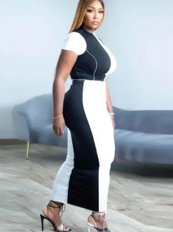 Two Piece Color Block Crop Top Maxi Skirts