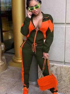 Two Piece Color Block Zip Up Top Long Pants