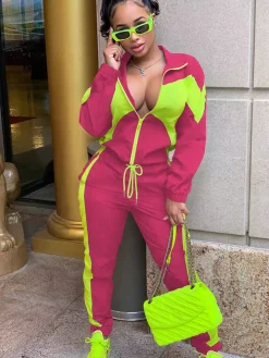 Two Piece Color Block Zip Up Top Long Pants