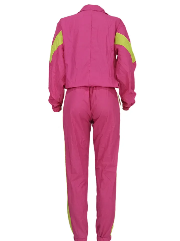 Two Piece Color Block Zip Up Top Long Pants