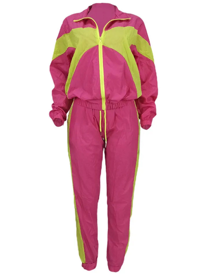 Two Piece Color Block Zip Up Top Long Pants