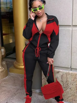 Two Piece Color Block Zip Up Top Long Pants