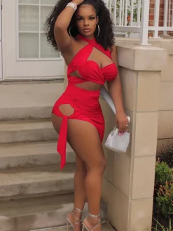 Two Piece Crisscross Crop Top Mini Skirts