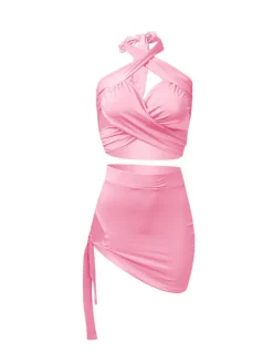 Two Piece Crisscross Crop Top Mini Skirts