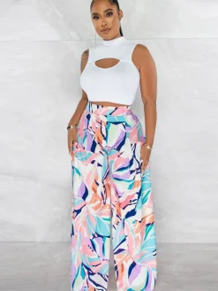 Two Piece Crop Top Floral Print Long Pants