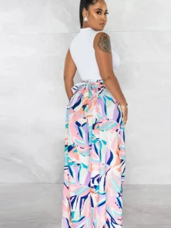Two Piece Crop Top Floral Print Long Pants