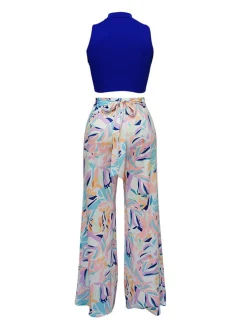 Two Piece Crop Top Floral Print Long Pants
