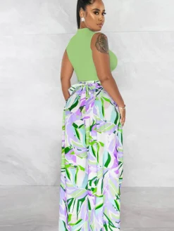 Two Piece Crop Top Floral Print Long Pants