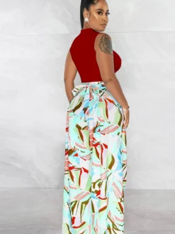 Two Piece Crop Top Floral Print Long Pants