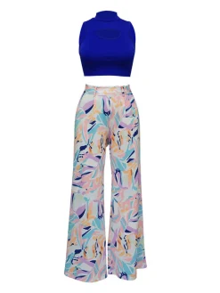 Two Piece Crop Top Floral Print Long Pants