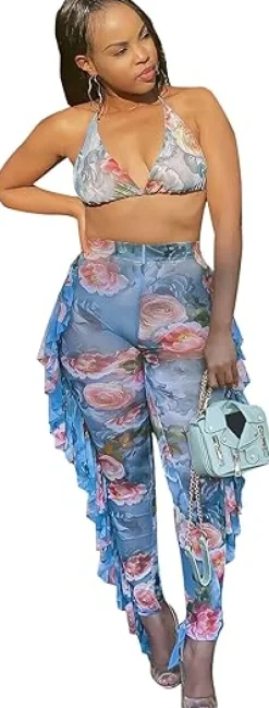 Two Piece Cropped Top Ruffled Trousers
