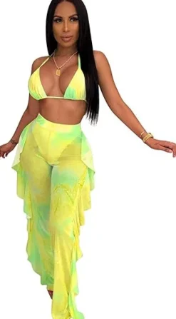 Two Piece Cropped Top Ruffled Trousers