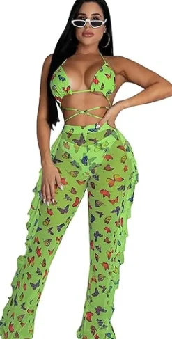 Two Piece Cropped Top Ruffled Trousers