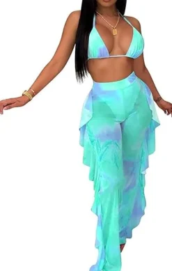 Two Piece Cropped Top Ruffled Trousers