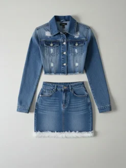 Two Piece Denim Cropped Jacket Feather Skirt Sets