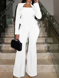 Two Piece Flare Long Sleeve Top Pants Suit