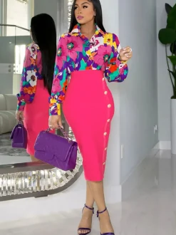 Two Piece Floral Print Shirt Midi Skirts