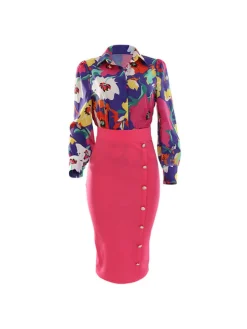 Two Piece Floral Print Shirt Midi Skirts