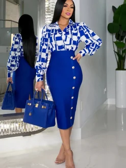 Two Piece Floral Print Shirt Midi Skirts