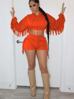 Two Piece Fringe Hooded Shorts Set
