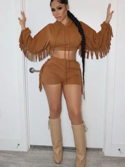 Two Piece Fringe Hooded Shorts Set