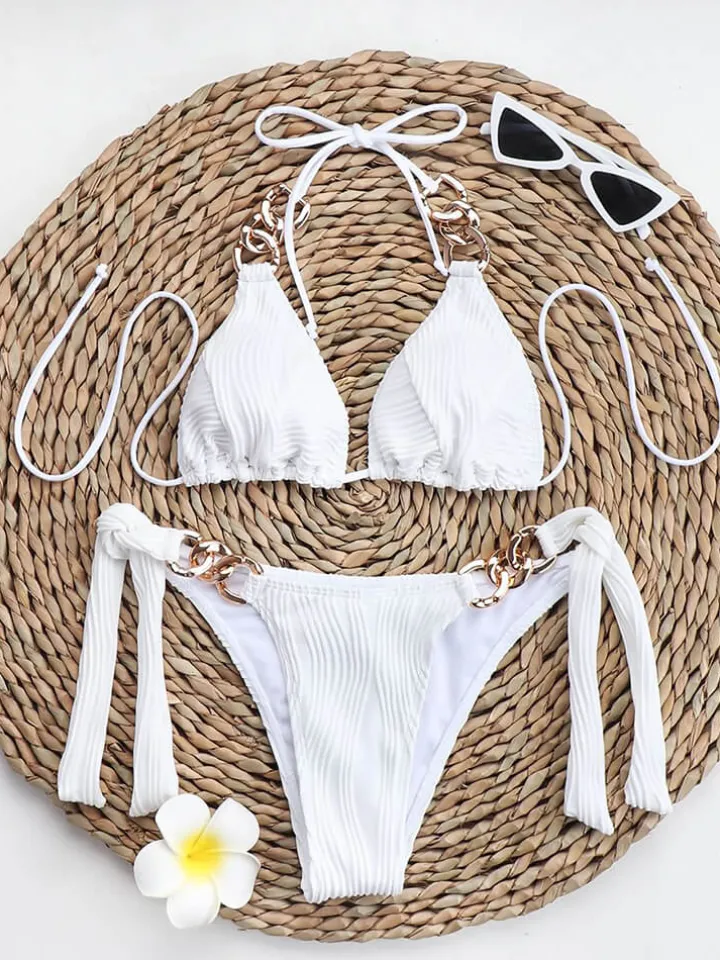 Two Piece Halter Neck Chain Patchwork Swimsuit