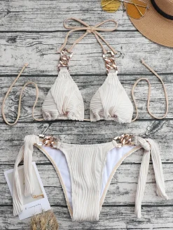 Two Piece Halter Neck Chain Patchwork Swimsuit