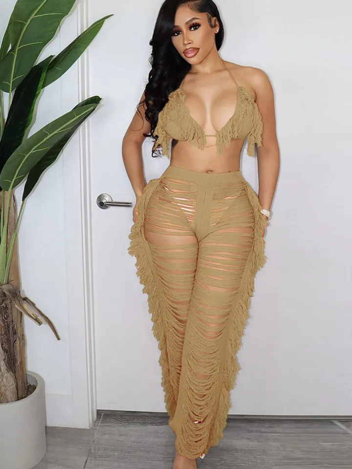 Two Piece Halter Tassel Top Bodycon Pants