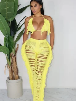 Two Piece Halter Tassel Top Bodycon Pants