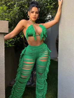 Two Piece Halter Tassel Top Bodycon Pants