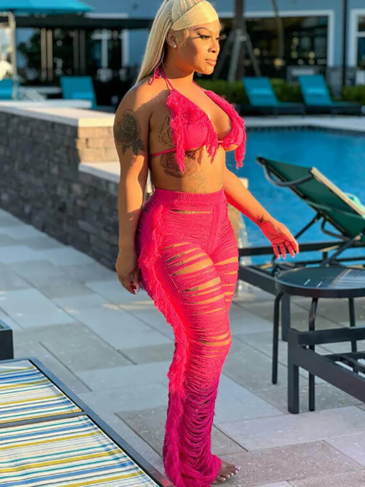 Two Piece Halter Tassel Top Bodycon Pants