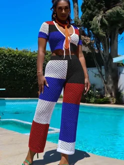 Two Piece Hollow Out Short Sleeve Crop Top Pants