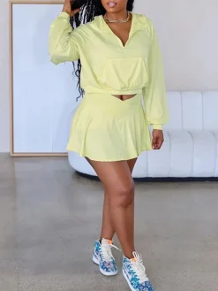 Two Piece Hoodie Crop Top Skirt Set