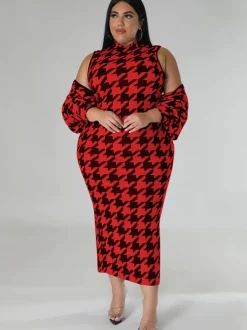 Two Piece Houndstooth Cardigan u0026 Cut Out Midi Dress