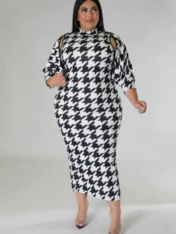 Two Piece Houndstooth Cardigan u0026 Cut Out Midi Dress
