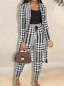 Two Piece Houndstooth Jacket Cut Out Pants