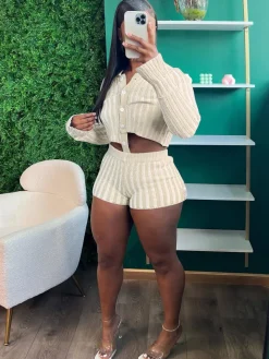 Two Piece Knit Crochet Crop Top Shorts