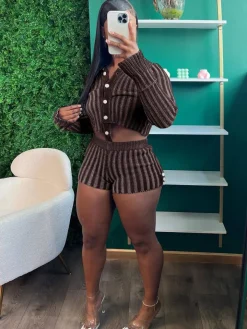 Two Piece Knit Crochet Crop Top Shorts