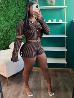 Two Piece Knit Crochet Crop Top Shorts