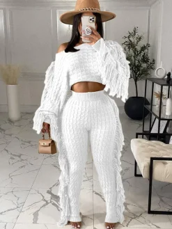 Two Piece Knitted Long Sleeve Tassel Outfits