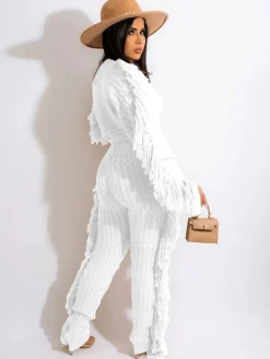 Two Piece Knitted Long Sleeve Tassel Outfits