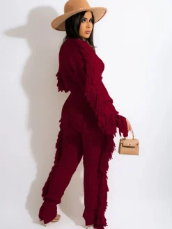 Two Piece Knitted Long Sleeve Tassel Outfits